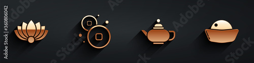 Set Lotus flower, Chinese Yuan currency, Chinese tea ceremony and Sushi icon with long shadow. Vector