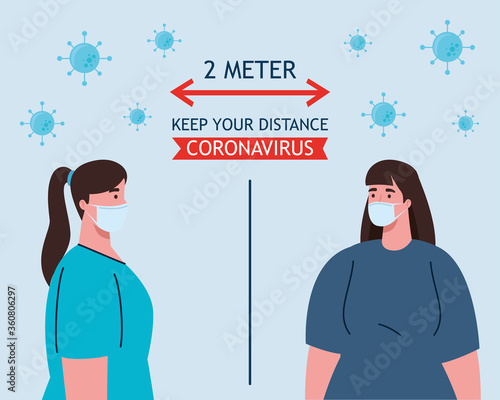 social distancing, stop coronavirus two meter distance, keep distance in public society to people protect from covid 19, women wearing medical mask against coronavirus vector illustration