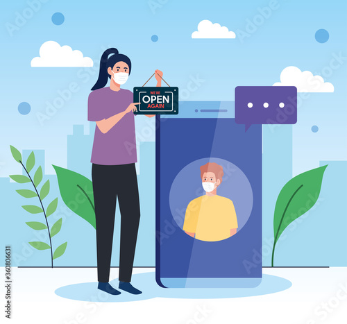 open again after quarantine, woman with label of reopening of shop with smartphone vector illustration design