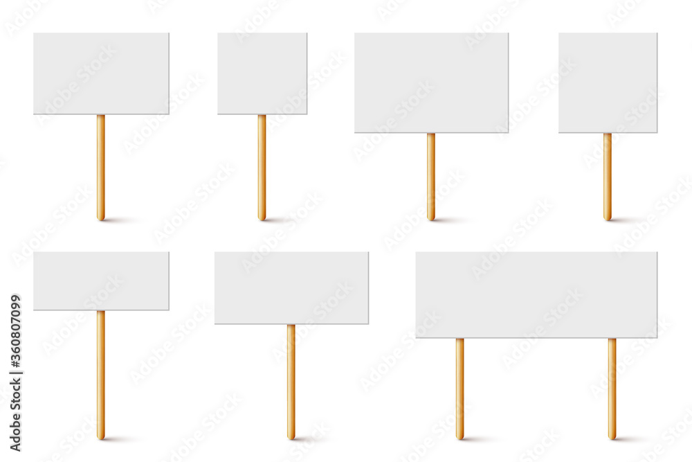 Blank protest sign with wooden holder. Realistic vector demonstration banner. Strike action cardboard placard mockup. Blank protest sign with wooden holder. Realistic vector demonstration banner. Strike action cardboard placard mockup.