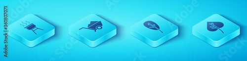 Set Isometric Barbecue grill, Wheelbarrow with dirt, Leaf or leaves and Leaf or leaves icon. Vector