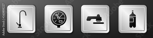 Set Water tap, Water meter, Water tap and Bottle of water icon. Silver square button. Vector