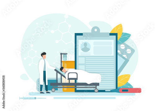 Intensive Therapy. Vector Illustration Of Doctor Taking Care Of Patient After Surgery