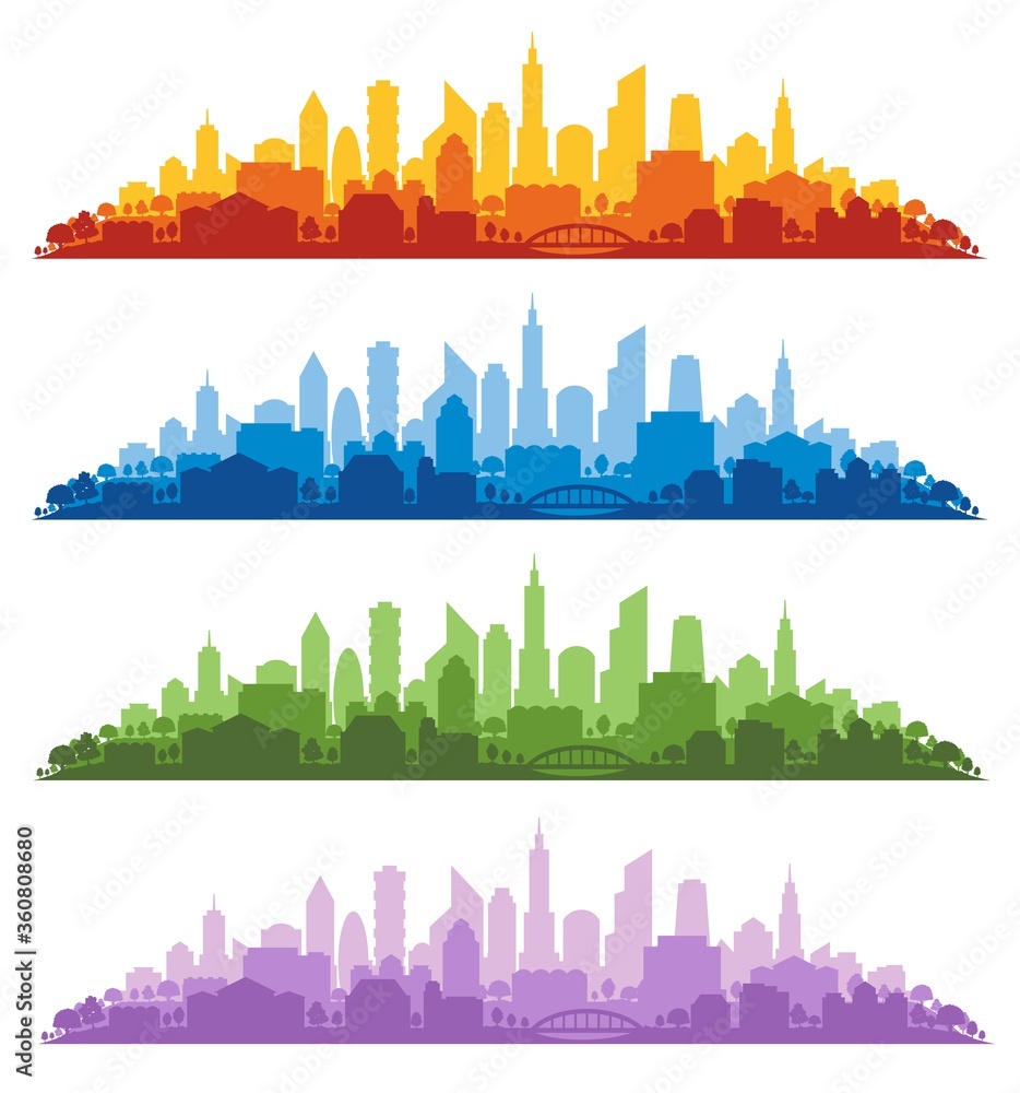 Vector illustration set set with urban cityscapes of multiple colors on white background