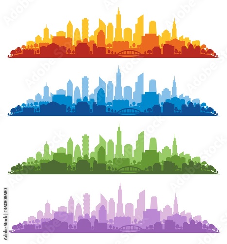 Vector illustration set set with urban cityscapes of multiple colors on white background