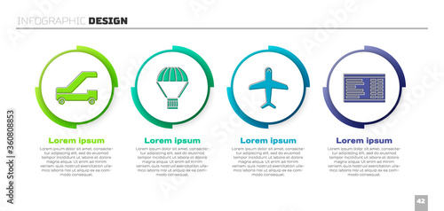 Set Passenger ladder for plane boarding, Box flying on parachute, Plane and Airport board. Business infographic template. Vector