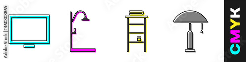 Set Picture frame on table, Shower, Bathroom rack with shelves for towels and Table lamp icon. Vector