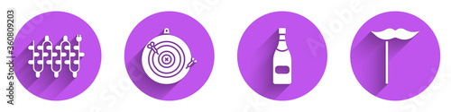 Set Christmas lights, Classic dart board and arrow, Champagne bottle and Paper mustache on stick icon with long shadow. Vector