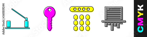 Set Parking car barrier, Key, Password protection and Paper shredder icon. Vector