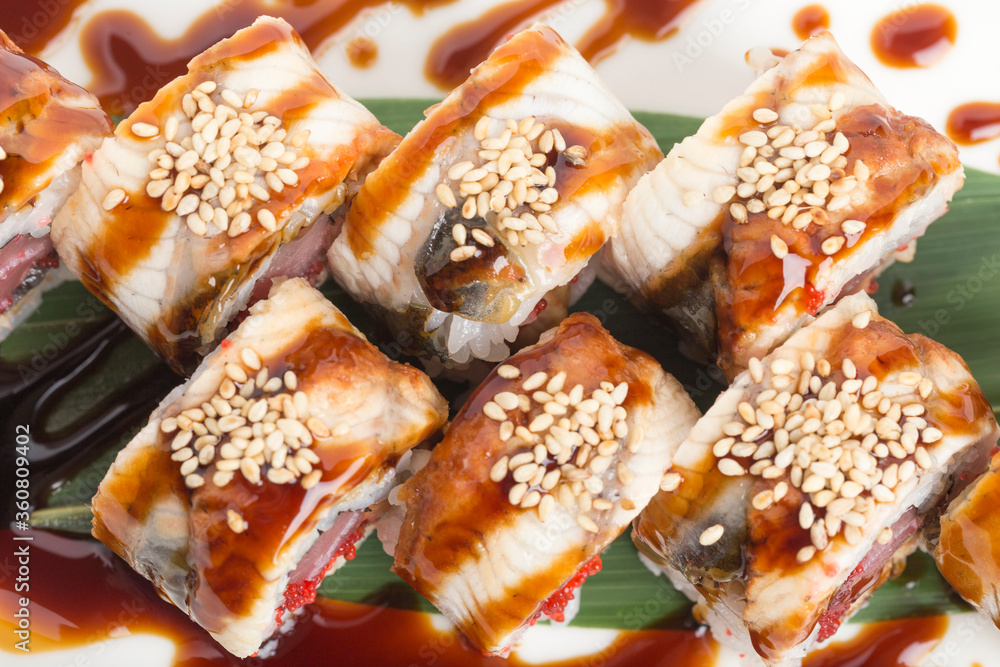 Original sushi roll fusion with various fillings. Original sushi roll fusion with various fillings.
