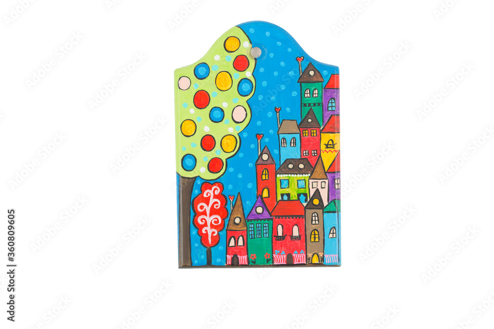 Wooden cutting board with the image of the city. Wooden cutting board with the image of the city.