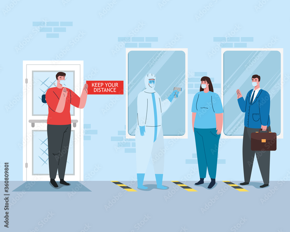 social distancing, people wearing medical mask in line standing, facade of company, prevention coronavirus covid 19 vector illustration design