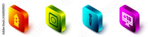 Set Isometric Condom, Condom in package safe sex, Dildo vibrator and Monitor with 18 plus content icon. Vector