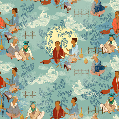 Tradition and culture of Asia. Classic wall drawing. Murals and watercolor asian style. Ancient China seamless pattern. Oriental people. Tea ceremony. Traditional Chinese paintings