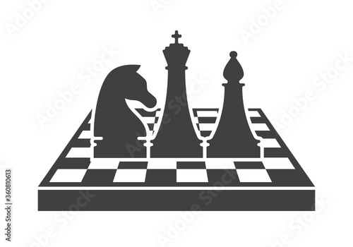 Black chess logo template. King, knight and bishop figures standing on chessboard isolated on white background. Chess tournament and professional sport competition symbol. Chess school vector sign