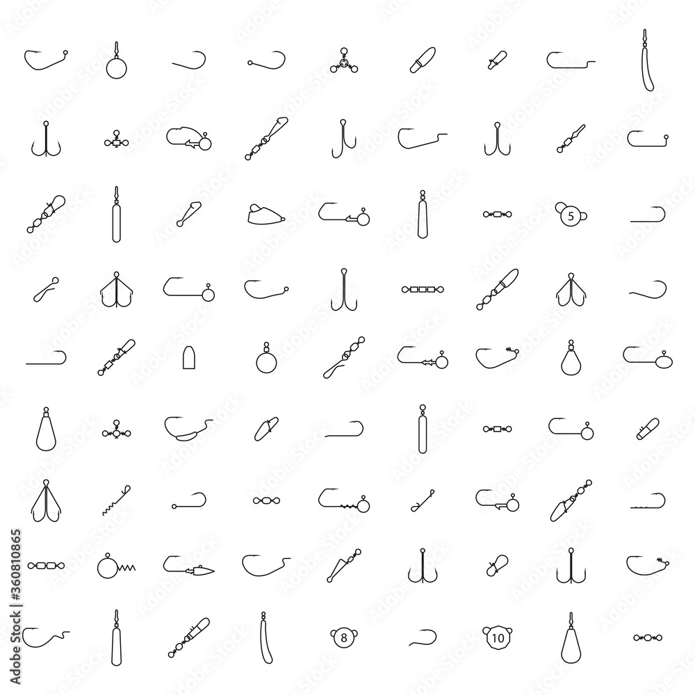 Set of different spinning fishing accessories and tackles, vector illustration.
