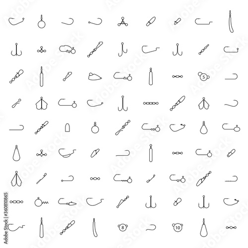 Set of different spinning fishing accessories and tackles, vector illustration.