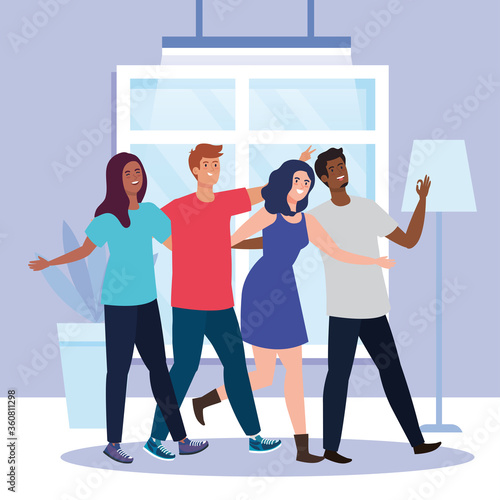happy characters, young people, friendship excitement, cheerful laughing from happiness indoor the house vector illustration design