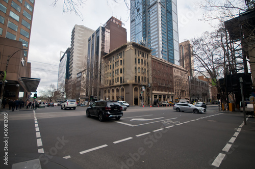 MELBOURNE, AUSTRALIA - JULY 26, 2018: Busy streets intersection with Hook Turn sign in Melbourne Australia