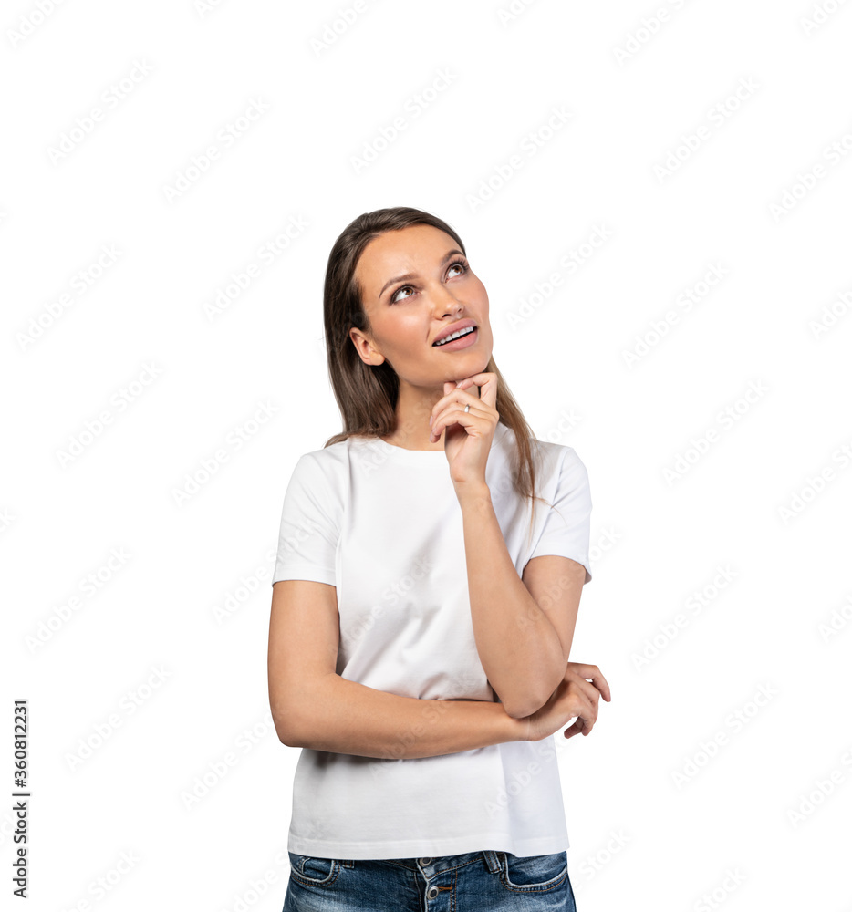 Smiling thoughtful casual woman, isolated Smiling thoughtful casual woman, isolated