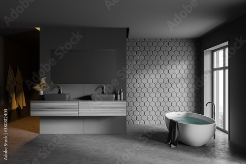 Grey honeycomb tile bathroom interior