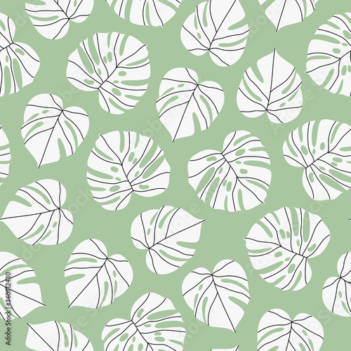White monstera leaves on green seamless pattern. Trendy hand-drawn vector pattern made of monstera plant leaves. Foliage seamless design for banner, card, wallpapers and wrapping. Pastel tone pattern.