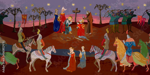 Medieval seamless pattern. Middle Ages, parchment concept. Ancient book vector illustration.  Knights, cavalry. Historical art