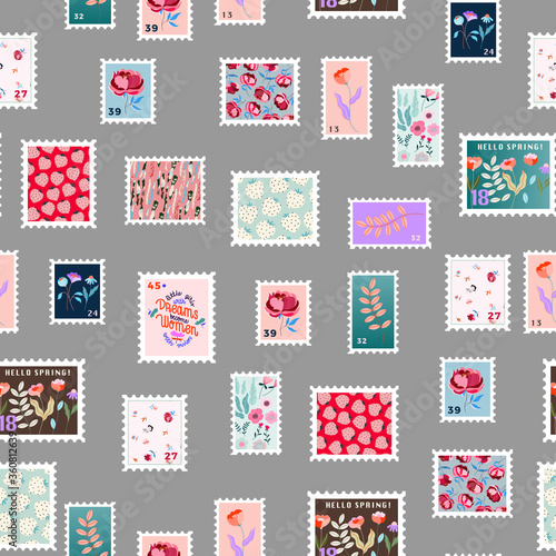Hand-drawn post stamps seamless pattern. Variety of modern vector post stamps on a grey background. Floral post stamps. Mail and post office conceptual illustration. The repeatable pattern design.