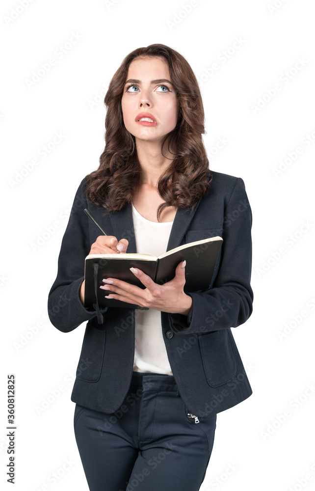 Troubled businesswoman with notebook, isolated Troubled businesswoman with notebook, isolated