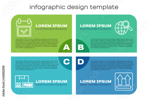 Set line Cardboard box with free symbol, Calendar with check mark, This side up and Magnifying glass with globe. Business infographic template. Vector