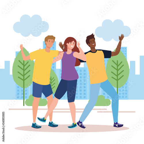 happy characters, young men with woman , friendship excitement, cheerful laughing from happiness in landscape vector illustration design