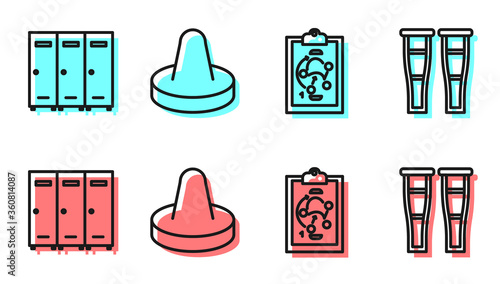 Set line Planning strategy, Locker or changing room, Mallet for playing air hockey and Crutch or crutches icon. Vector