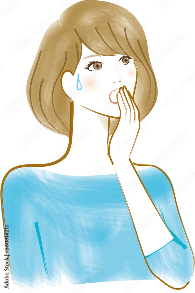 口に手を当て驚き困る様子の女性 口に手を当て驚き困る様子の女性
