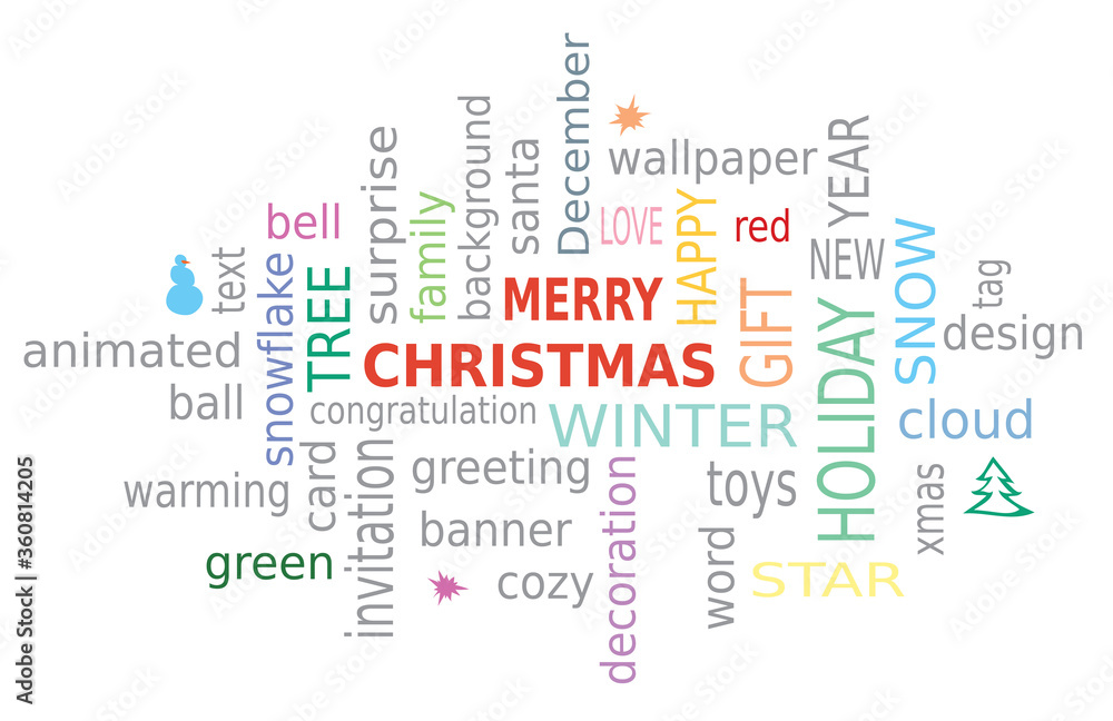Merry Christmas and other word cloud text design on a white background. Winter Holidays Associations Merry Christmas and other word cloud text design on a white background. Winter Holidays Associations