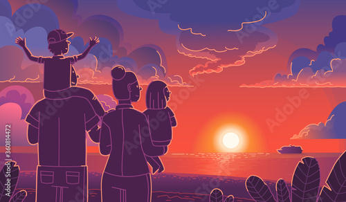 Happy family by the sea watching the sunset. Family tourism concept. Mom, dad and children enjoy the summer together and relax.