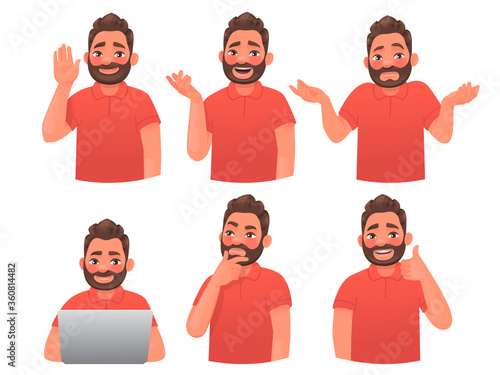 Set of character bearded man with different gestures and emotions. Greeting, conversation, doubt, guy with a laptop, thinks, approval.