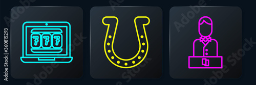Set line Laptop and slot machine, Casino dealer and Horseshoe. Black square button. Vector