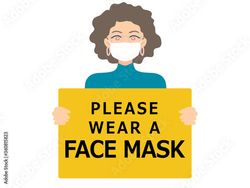 Wearing face mask required sign. Woman wear medical face mask. Yellow attention sign.