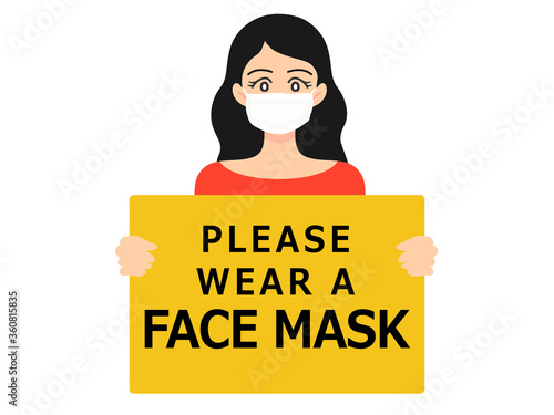 Wearing face mask required sign. Woman wear medical face mask. Yellow attention sign.