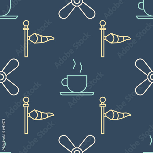 Set line Plane propeller, Cone meteorology windsock wind vane and Coffee cup on seamless pattern. Vector