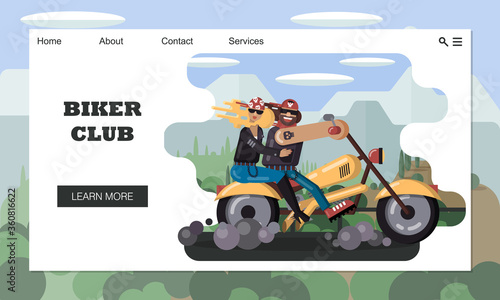 Website template of biker club, rocker subculture. Couple biker riding motorcycle along highway against background of mountain and forest landscape. Cartoon flat vector. Landing page, website concept