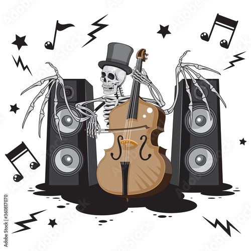 A skeleton character with wings in a hat plays a double bass music dynamics notes on a white isolated background. Vector image