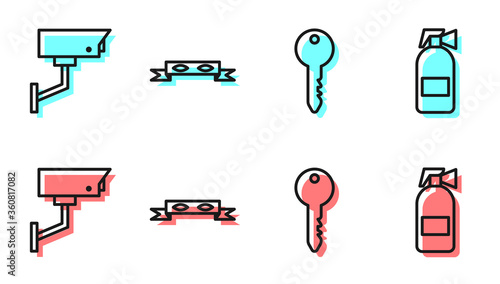 Set line Key, Security camera, Thief eye mask and Fire extinguisher icon. Vector