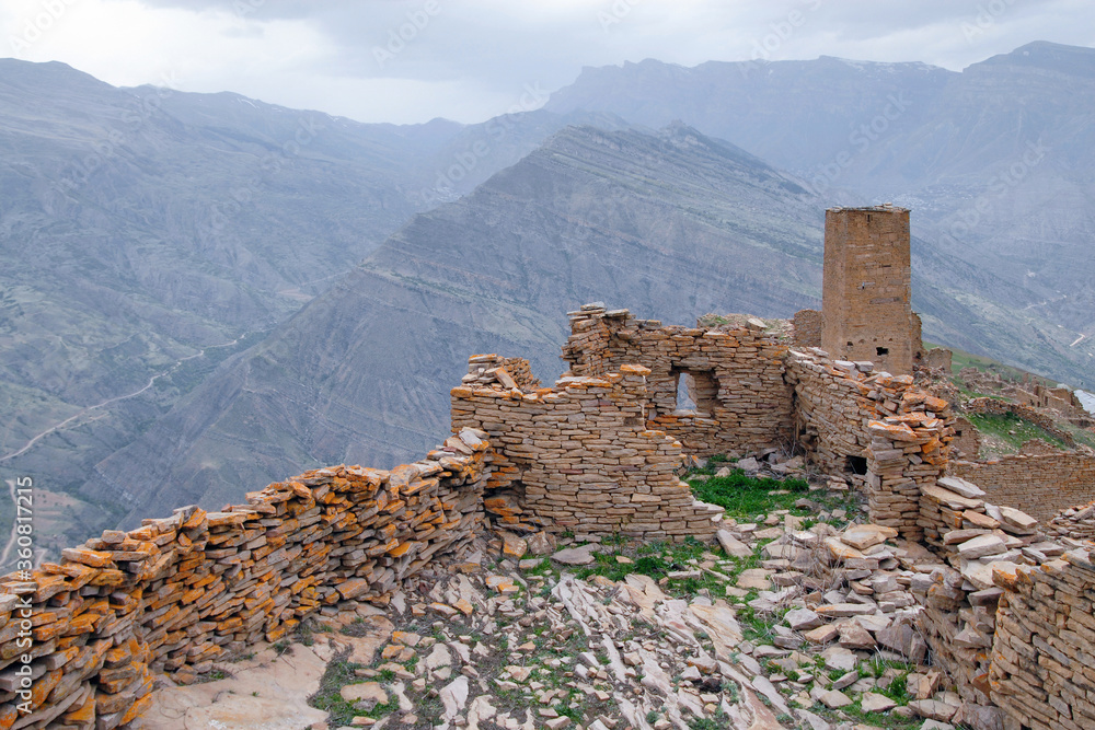 Ruins of medieval Goor village (fortress). It is one of the most interesting and picturesque places in the region. Dagestan, North Caucasus, Russia.