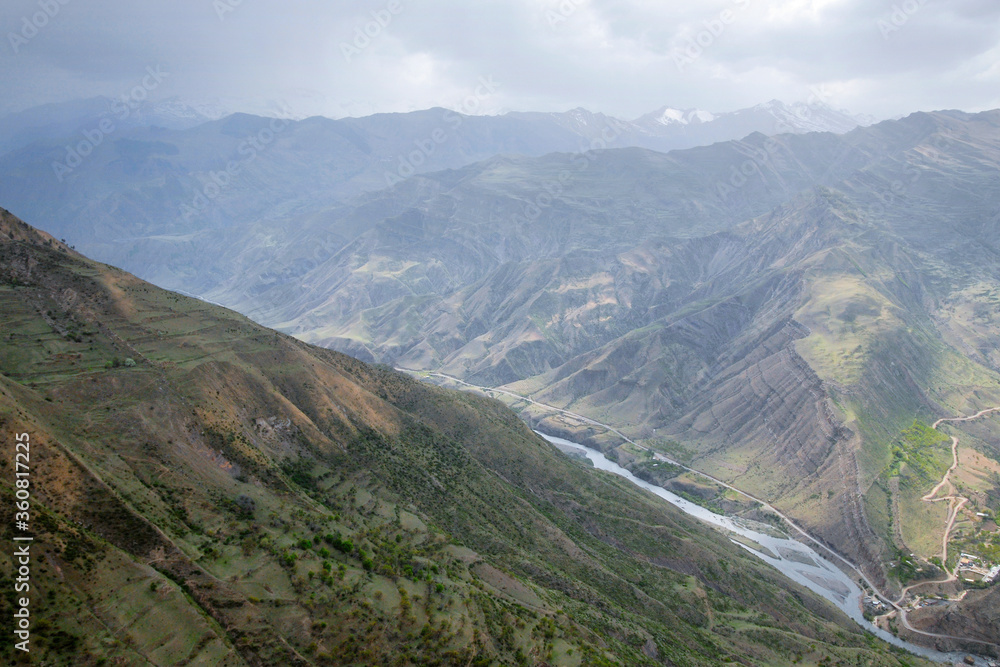 Mountainous landscape. View at Avar Koysu river valley (gorge) from Goor village. Dagestan, North Caucasus, Russia.