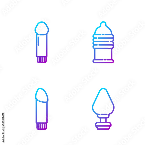 Set line Anal plug, Dildo vibrator, Dildo vibrator and Condom safe sex. Gradient color icons. Vector