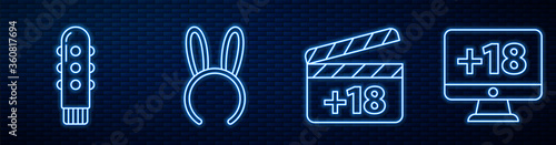 Set line Movie clapper with 18 plus content, Dildo vibrator, Mask with long bunny ears and Monitor with 18 plus content. Glowing neon icon on brick wall. Vector