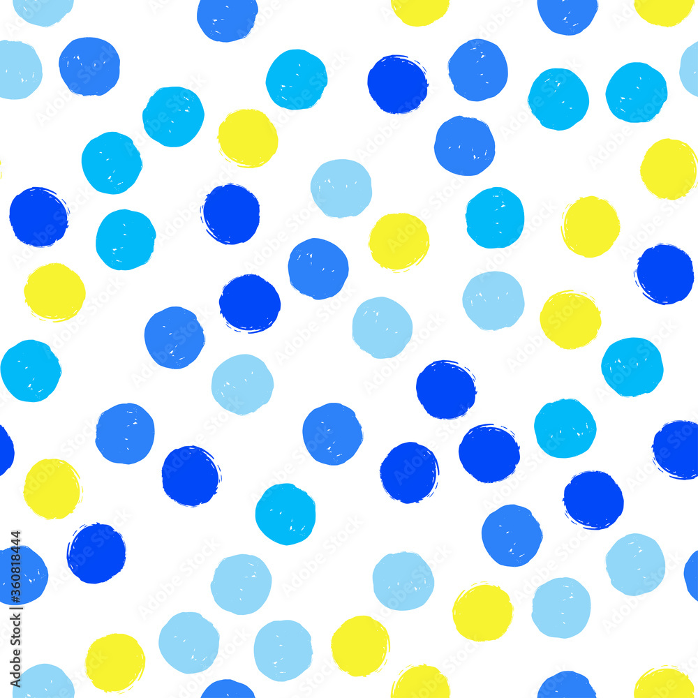Polka dot (blue and yellow) seamless pattern on white background. Vector design for textile, backgrounds, clothes, wrapping paper, web sites and wallpaper. Fashion illustration seamless pattern.