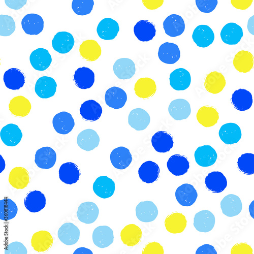 Fototapeta Naklejka Na Ścianę i Meble -  Polka dot (blue and yellow) seamless pattern on white background. Vector design for textile, backgrounds, clothes, wrapping paper, web sites and wallpaper. Fashion illustration seamless pattern.