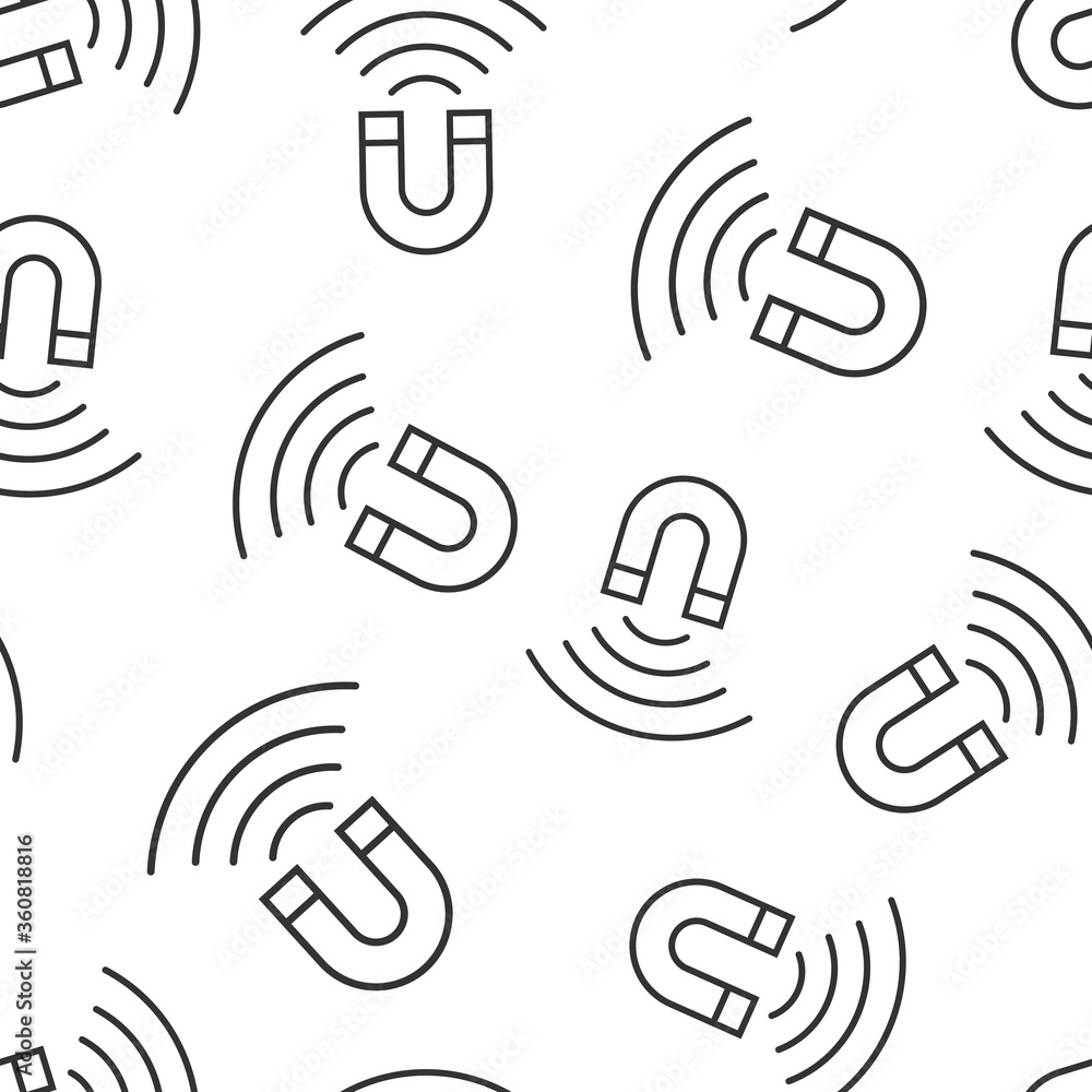 Magnet icon in flat style. Attract vector illustration on white isolated background. Electromagnetic seamless pattern business concept. Magnet icon in flat style. Attract vector illustration on white isolated background. Electromagnetic seamless pattern business concept.